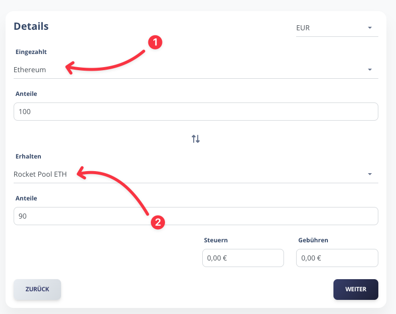 Swap - Währungen auswählen, hier Ethereum und Rocket Pool