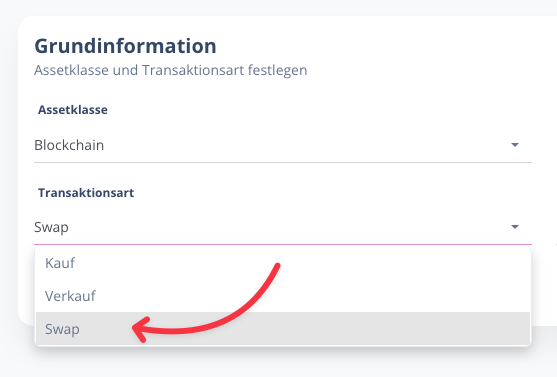 Transaktionstyp Swap auswählen
